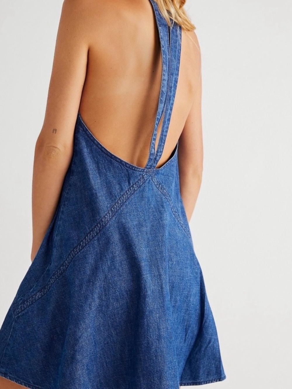 Free People Rising Sun Mini Denim Halter Dress Sz XL - Picture 2 of 12